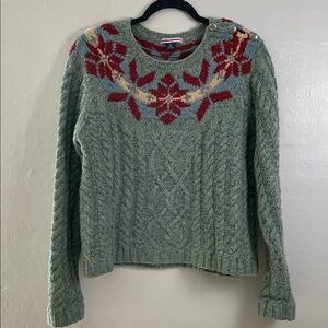 Vintage Ralph Lauren Green Cable Knit Sweater with Red Floral Design Size Lg